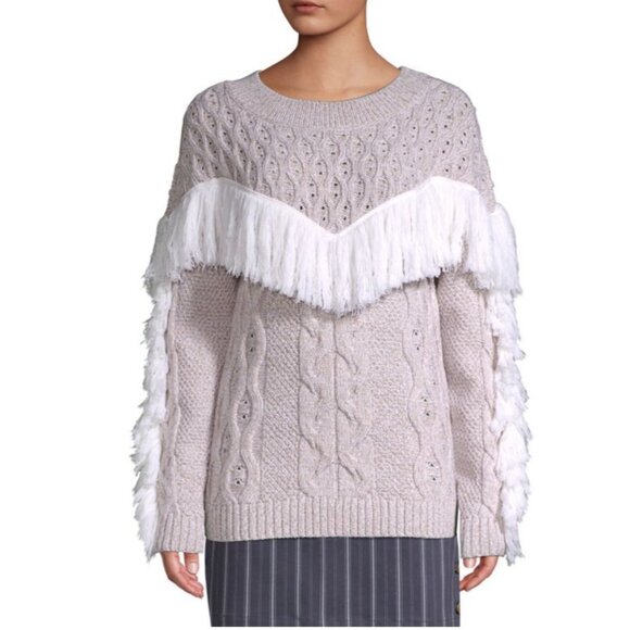 AMUR Sweaters - Amur Ulla Fringe Merino Wool Cable Knit Sweater With Fringe Detail Beige Sz Medi